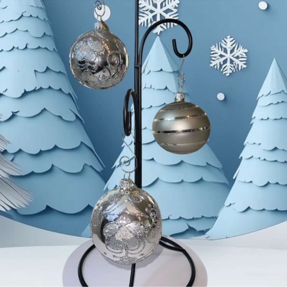 Pier 1 Vintage Silver Set of Three Glass Ornaments with Glit Accents